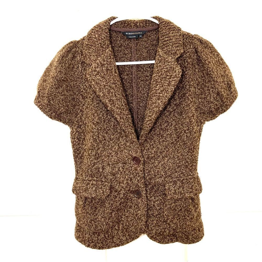 BCBGMaxAzria Brown Short Sleeve Cardigan Sweater Wool Collared Size S